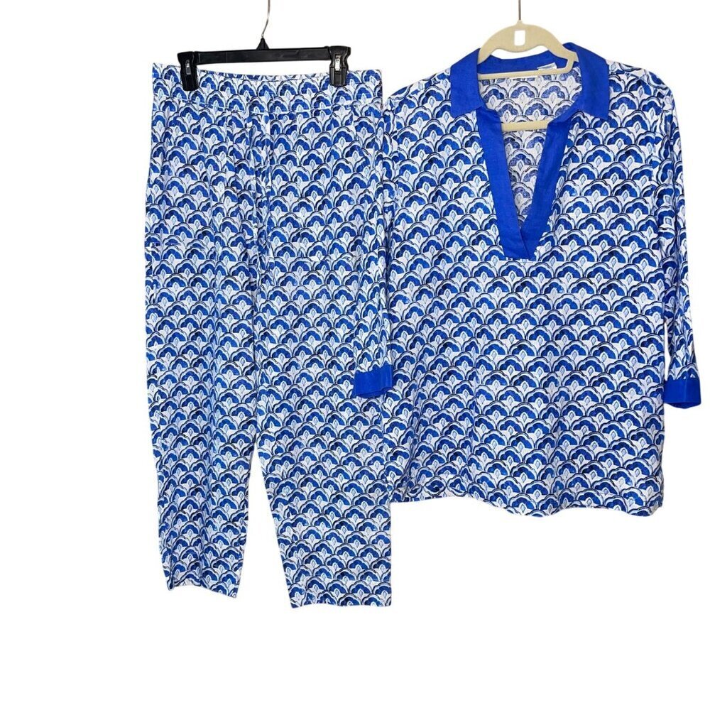 Sigrid Olsen Womens Blouse Pant Set Size Large Blue 3/4 Sleeve Pure Linen New